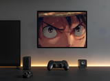 Stampa d’autore con sguardo di Luffy da One Piece, montata su legno con cornice nera, stile moderno, collezione Eyes a tiratura numerata