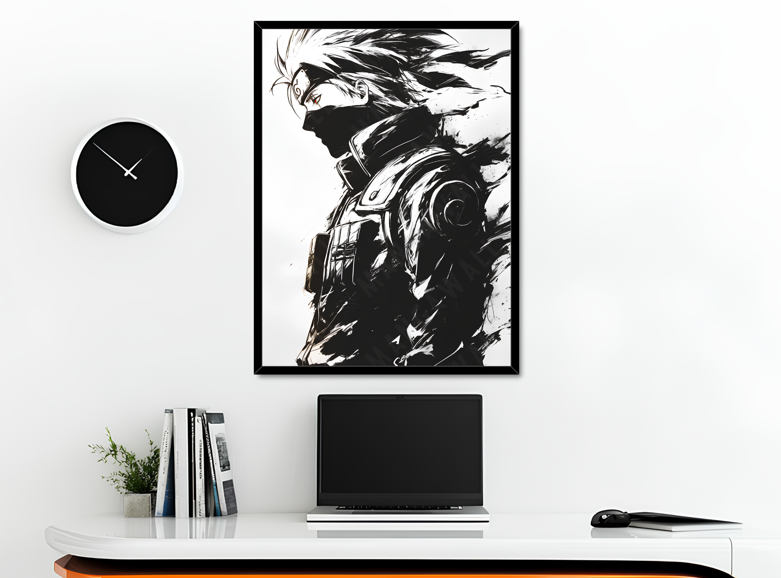 Stampa artistica con silhouette di Kakashi, cornice nera, su base in legno, serie Potere d’Ombra