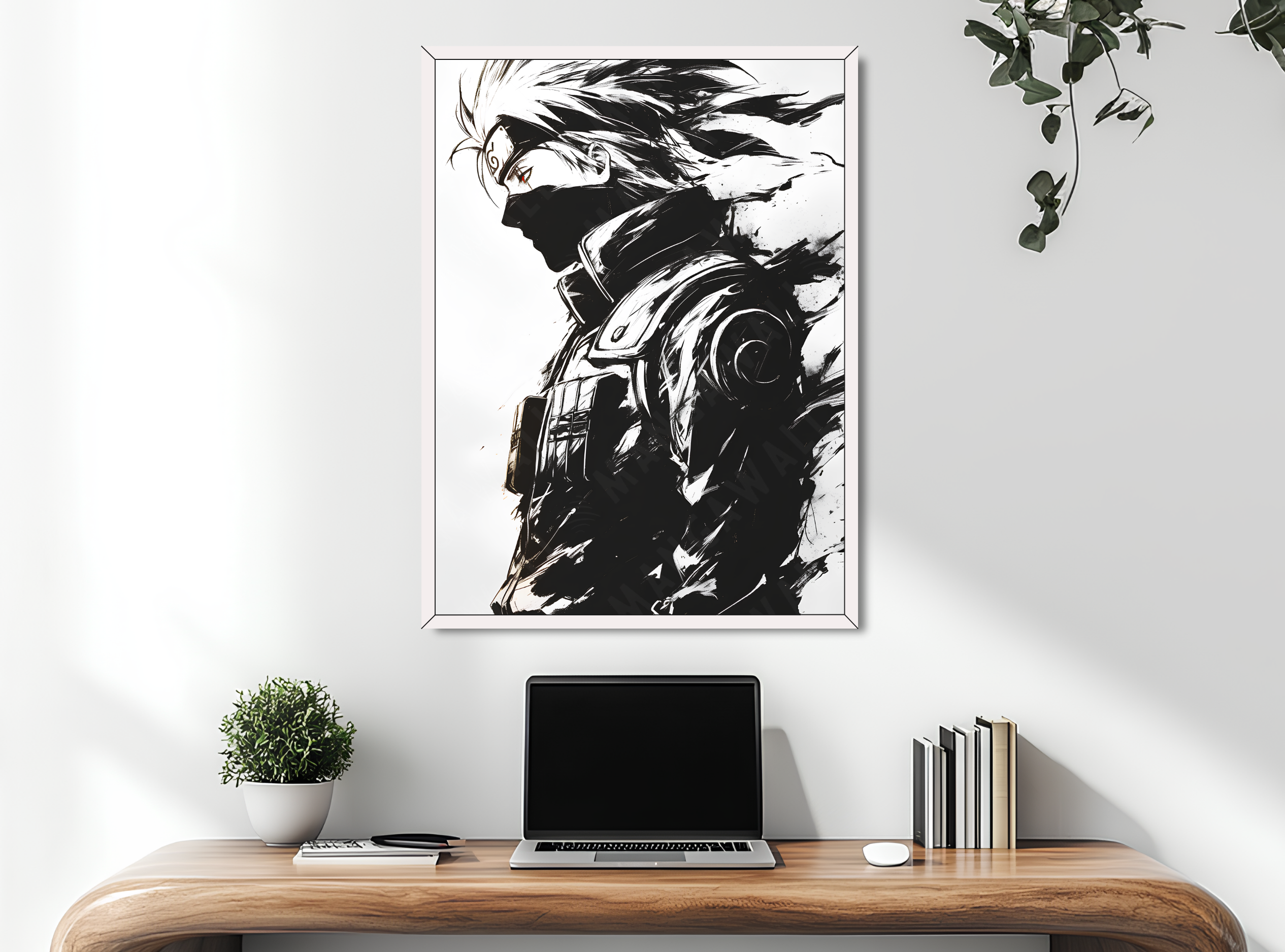 Quadro con silhouette di Kakashi, cornice bianca elegante, stampa su carta artigianale, collezione Potere d’Ombra a tiratura limitata