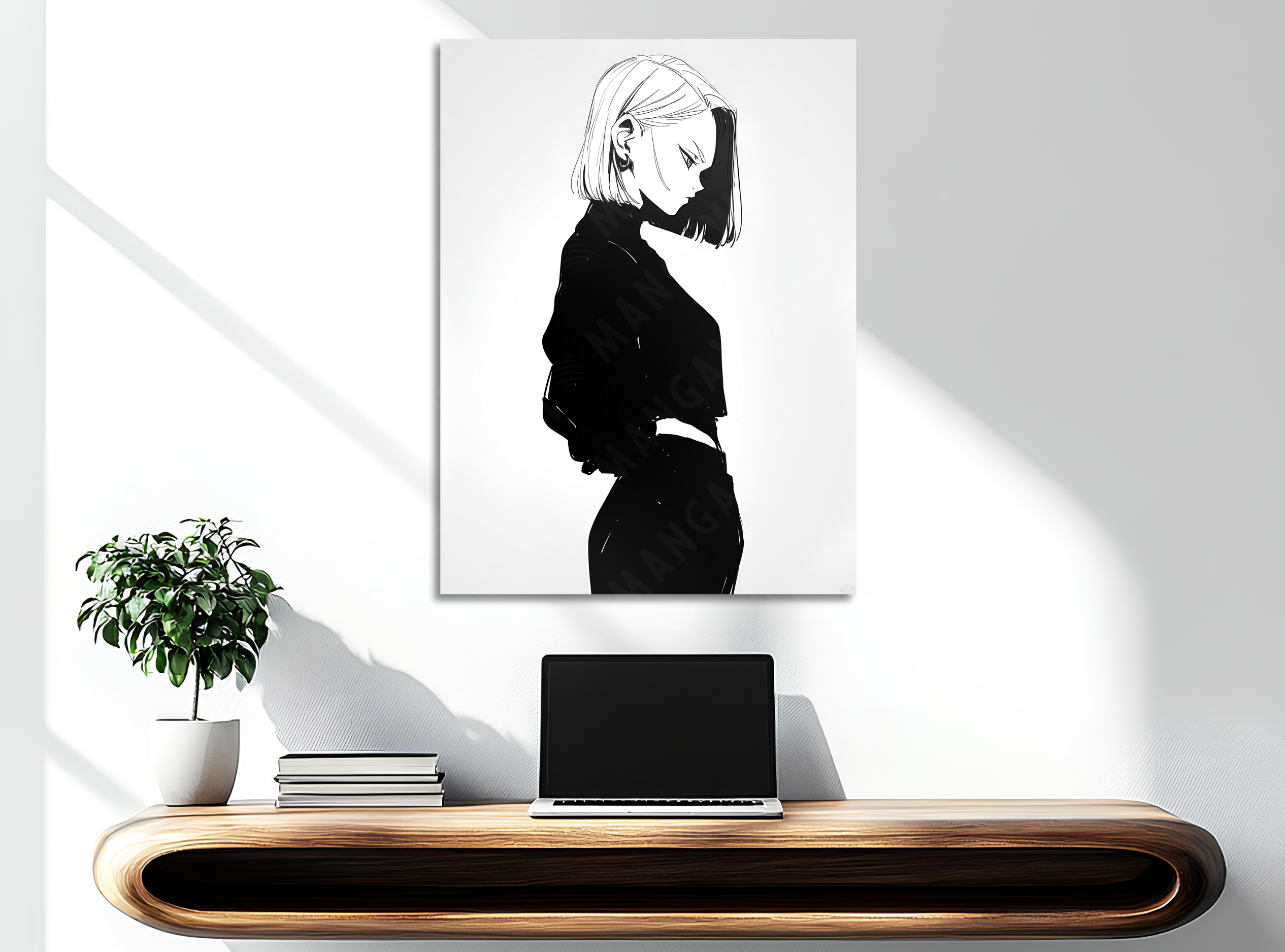 Quadro con silhouette di Android 18, montato su legno senza cornice, collezione Potere d’Ombra in edizione limitata
