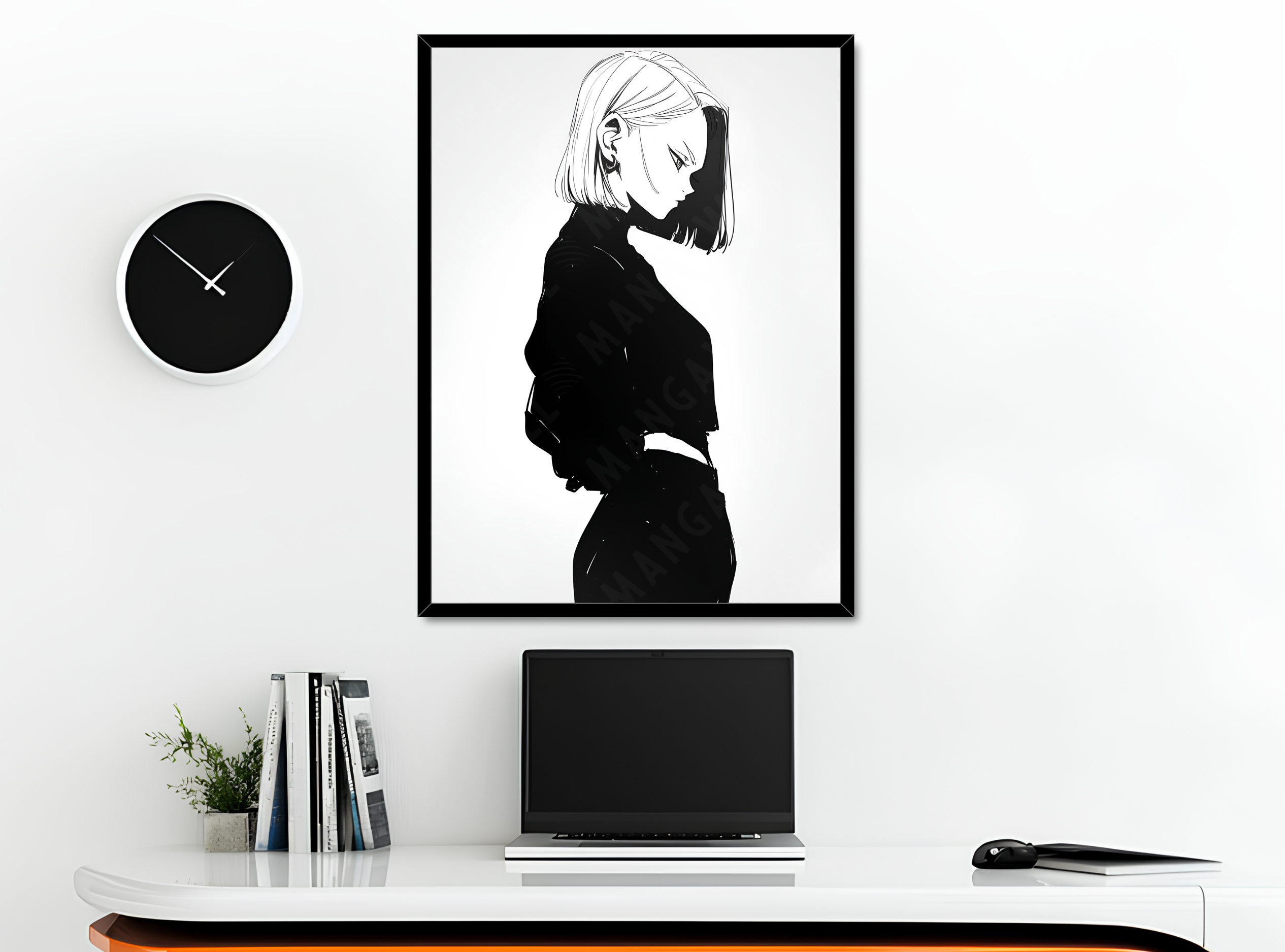 Stampa artistica con silhouette di Android 18, cornice nera, su base in legno, serie Potere d’Ombra