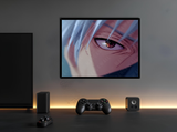 Stampa d’arte con sguardo di Kakashi, montata su legno con cornice nera, stile moderno, edizione numerata serie Eyes