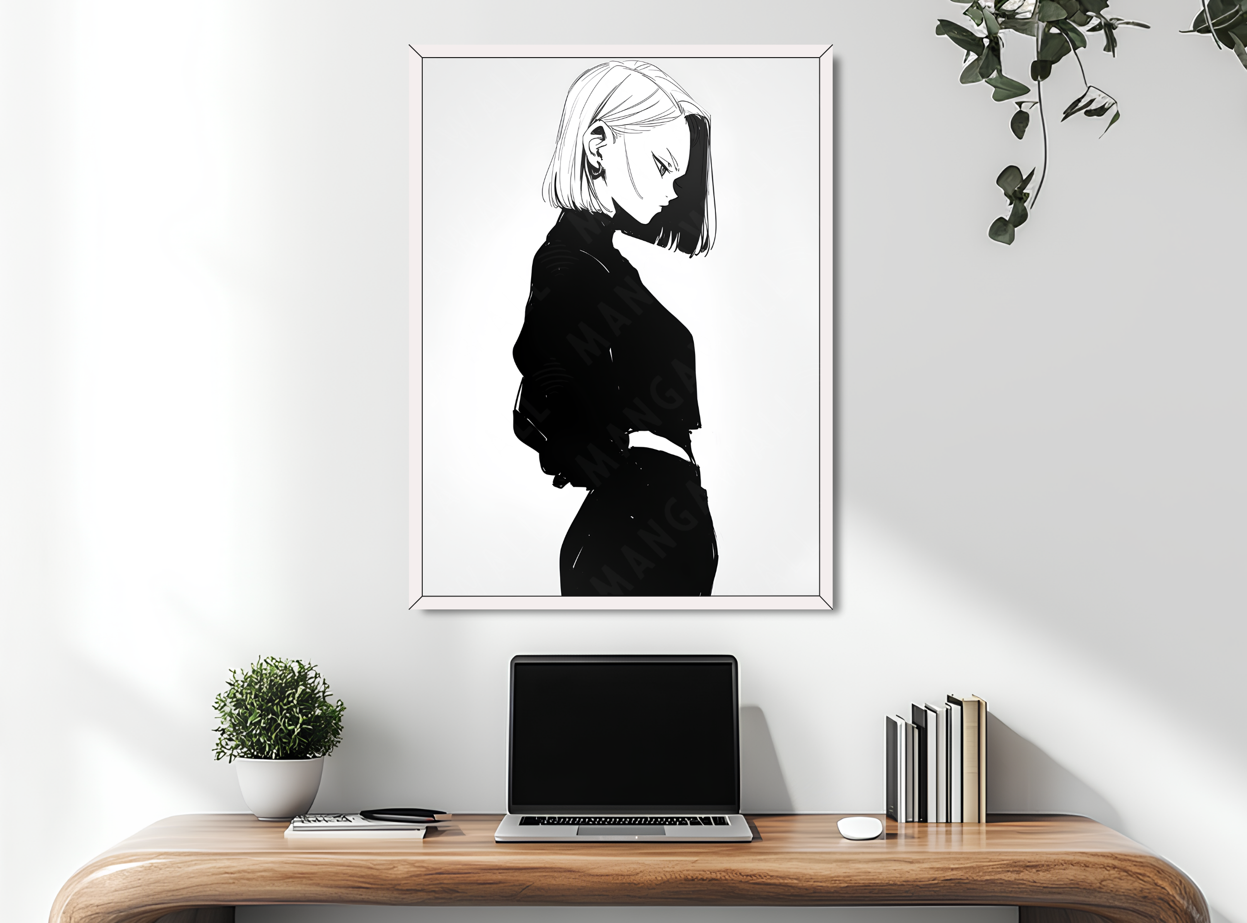 Quadro con silhouette di Android 18, cornice bianca elegante, stampa su carta artigianale, collezione Potere d’Ombra a tiratura limitata
