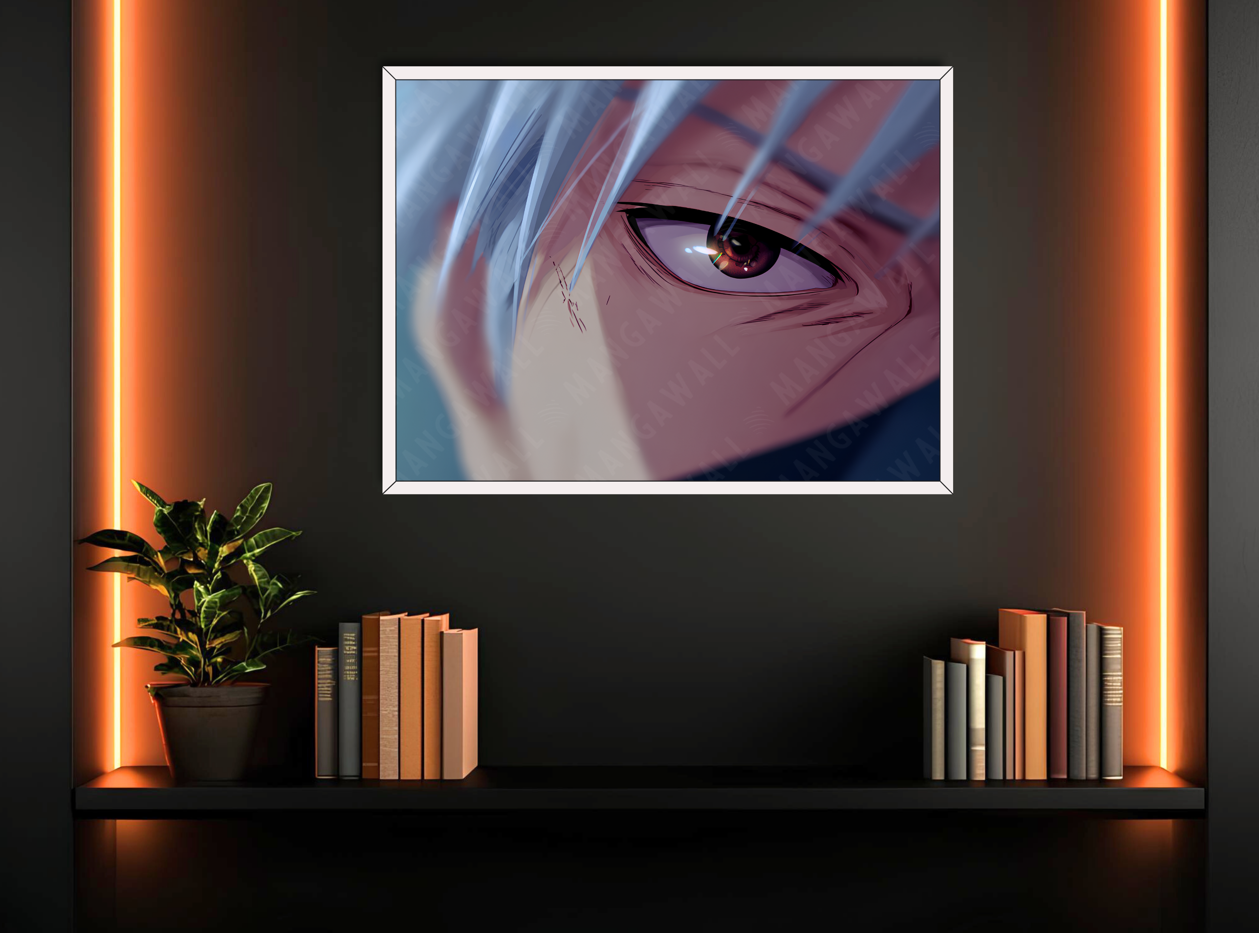 Stampa artistica di Kakashi Hatake con cornice bianca, su carta artigianale e base in legno, collezione Eyes a tiratura limitata