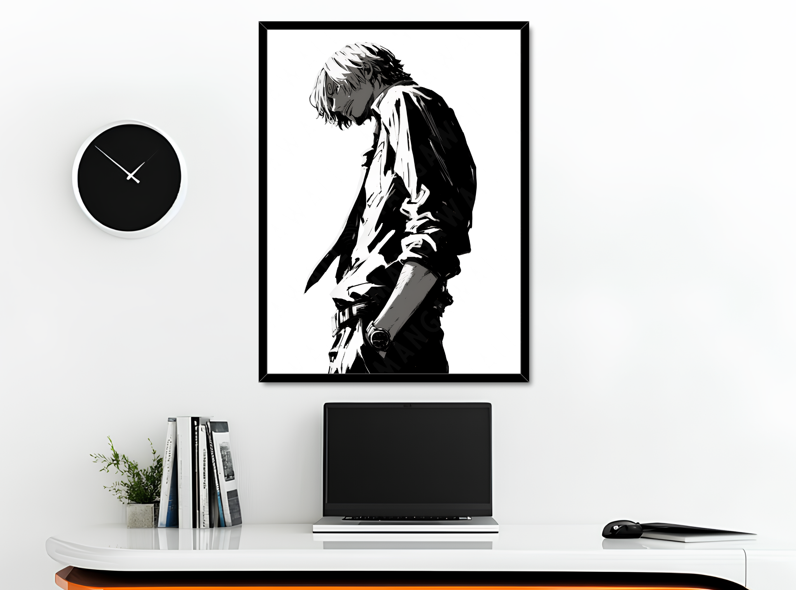 Stampa artistica con silhouette di Sanji, cornice nera, su base in legno, serie Potere d’Ombra