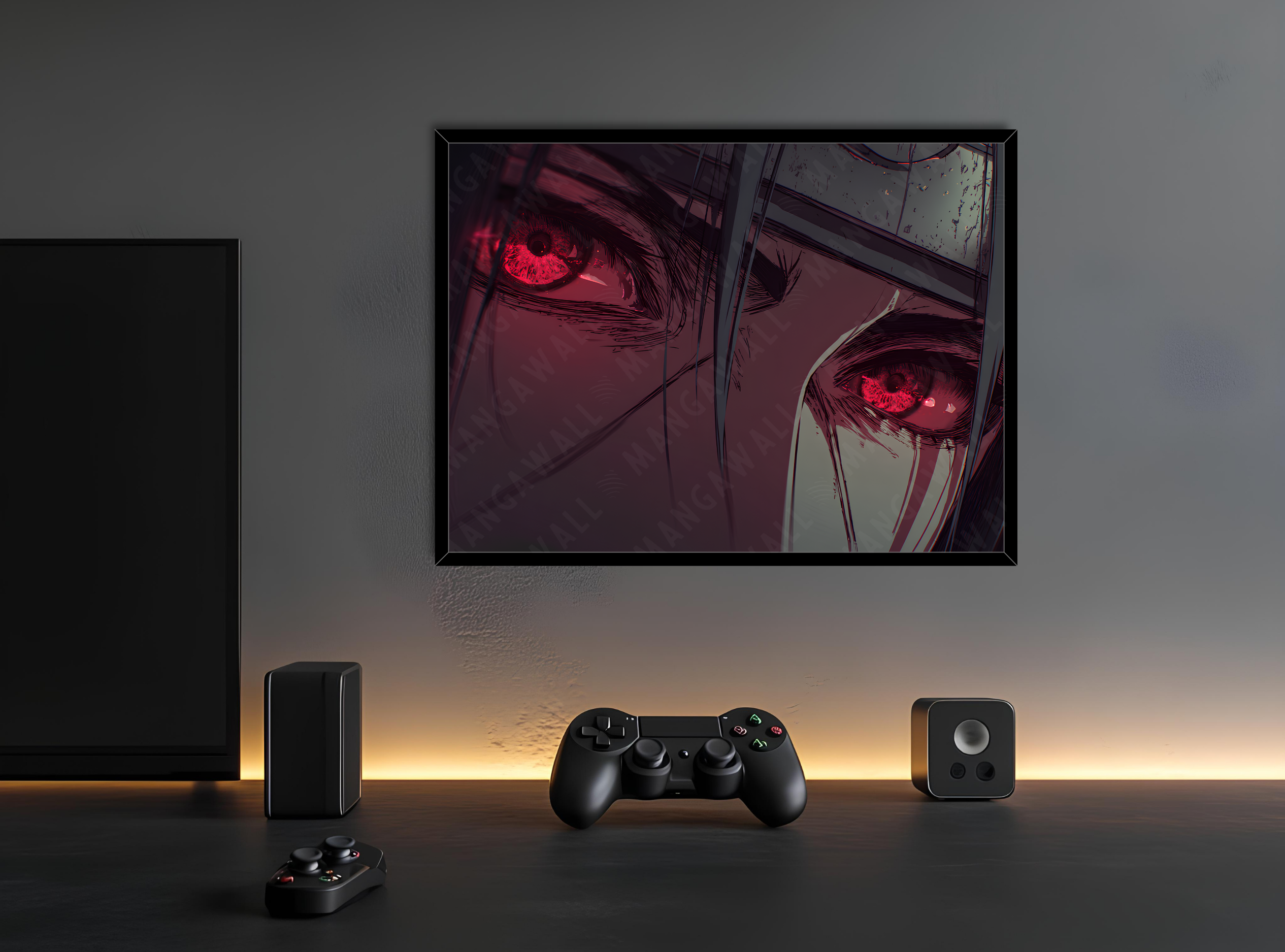 Stampa d’autore con sguardo di Itachi Uchiha, montata su legno con cornice nera, stile elegante e moderno, serie Eyes numerata