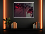 Quadro artistico con sguardo di Itachi, cornice bianca, stampa su carta artigianale montata su legno, edizione limitata della collezione Eyes