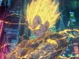 Quadro anime Cyber Neon con Vegeta in versione cyberpunk, braccia conserte, occhi dorati, fulmini elettrici e sfondo città futuristica, stampa decorativa per fan Dragon Ball