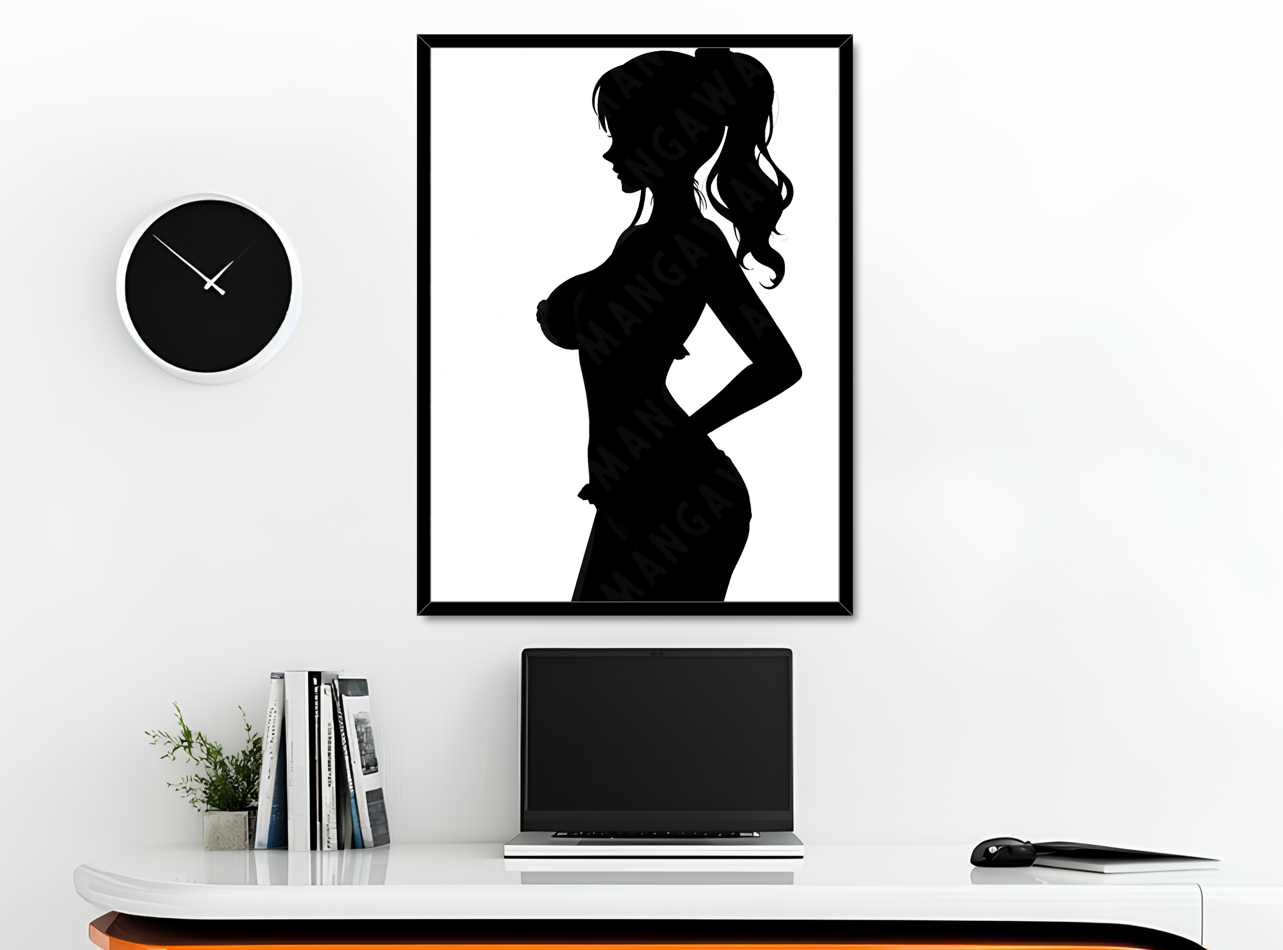 Stampa artistica con silhouette di Nami, cornice nera, su base in legno, serie Potere d’Ombra
