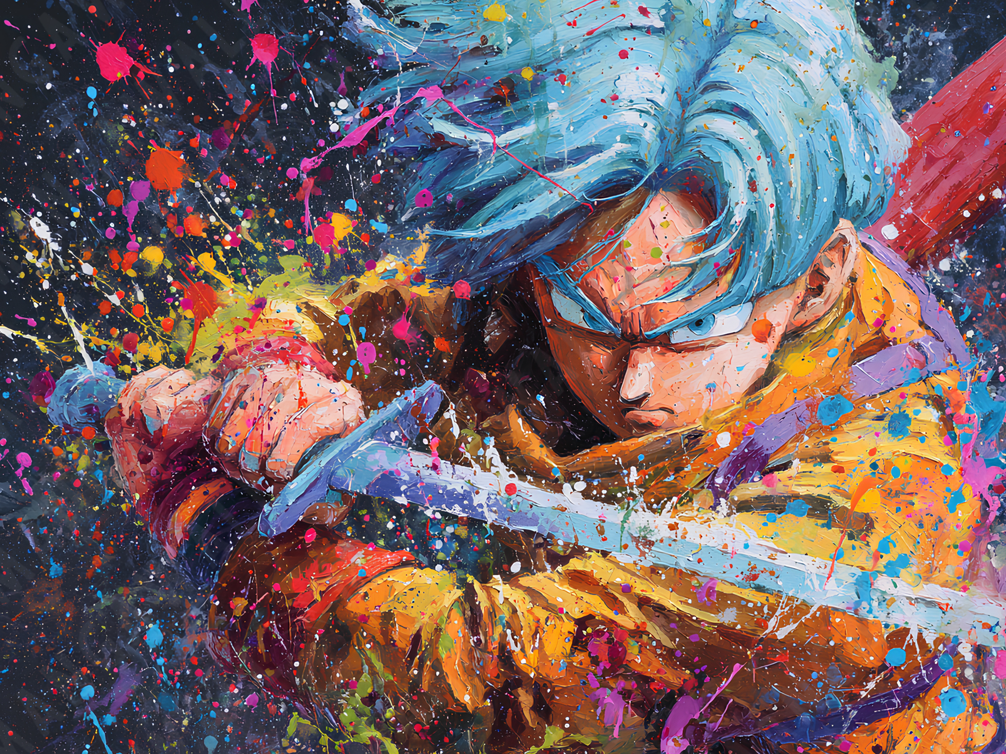 Quadro anime Trunks con spada impugnata a due mani, sguardo serio e stile pittorico a pennellate con esplosione di colori, stampa decorativa per fan Dragon Ball