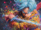 Quadro anime Trunks con spada impugnata a due mani, sguardo serio e stile pittorico a pennellate con esplosione di colori, stampa decorativa per fan Dragon Ball