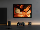 Stampa d’autore con sguardo di Goku, montata su legno con cornice nera, stile moderno, edizione limitata della collezione Eyes