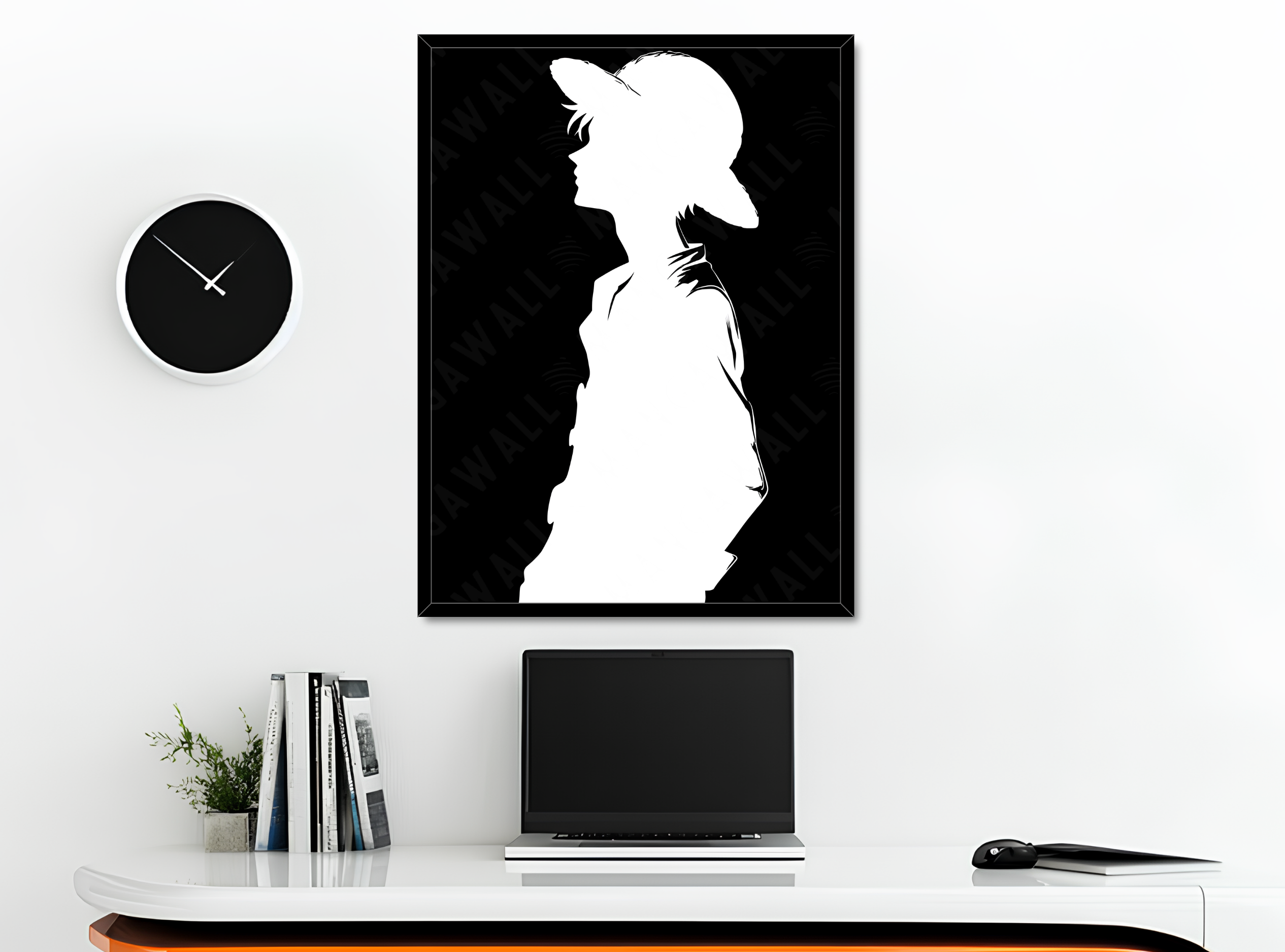 Stampa artistica con silhouette di Luffy, cornice nera, su base in legno, serie Potere d’Ombra