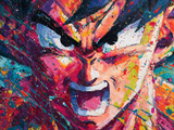 Quadro anime Furia Artistica con Goku in primo piano che urla, sguardo arrabbiato ed esplosione di colori, stampa decorativa per fan Dragon Ball