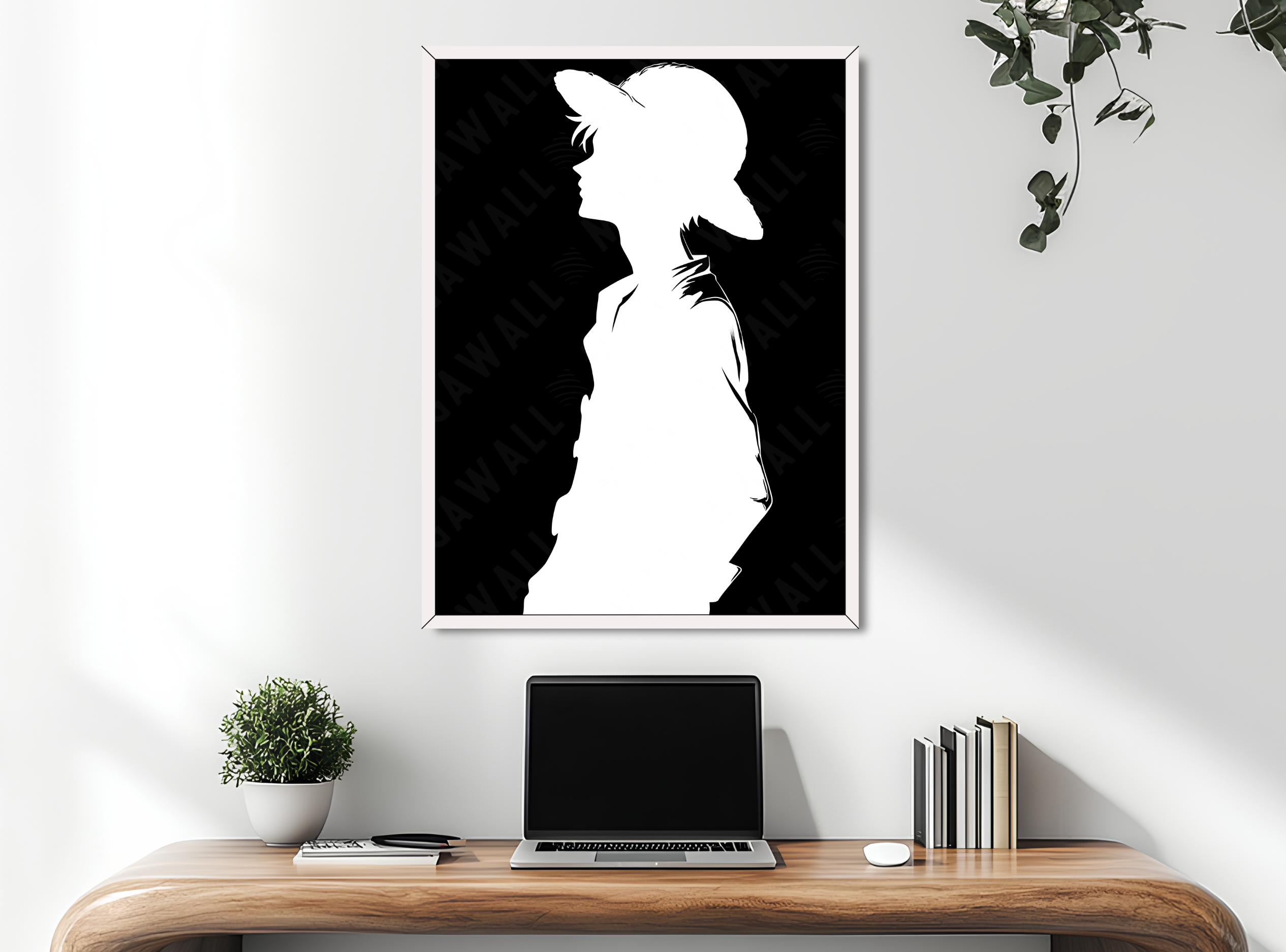 Quadro con silhouette di Monkey D. Luffy, cornice bianca elegante, stampa su carta artigianale, collezione Potere d’Ombra a tiratura limitata