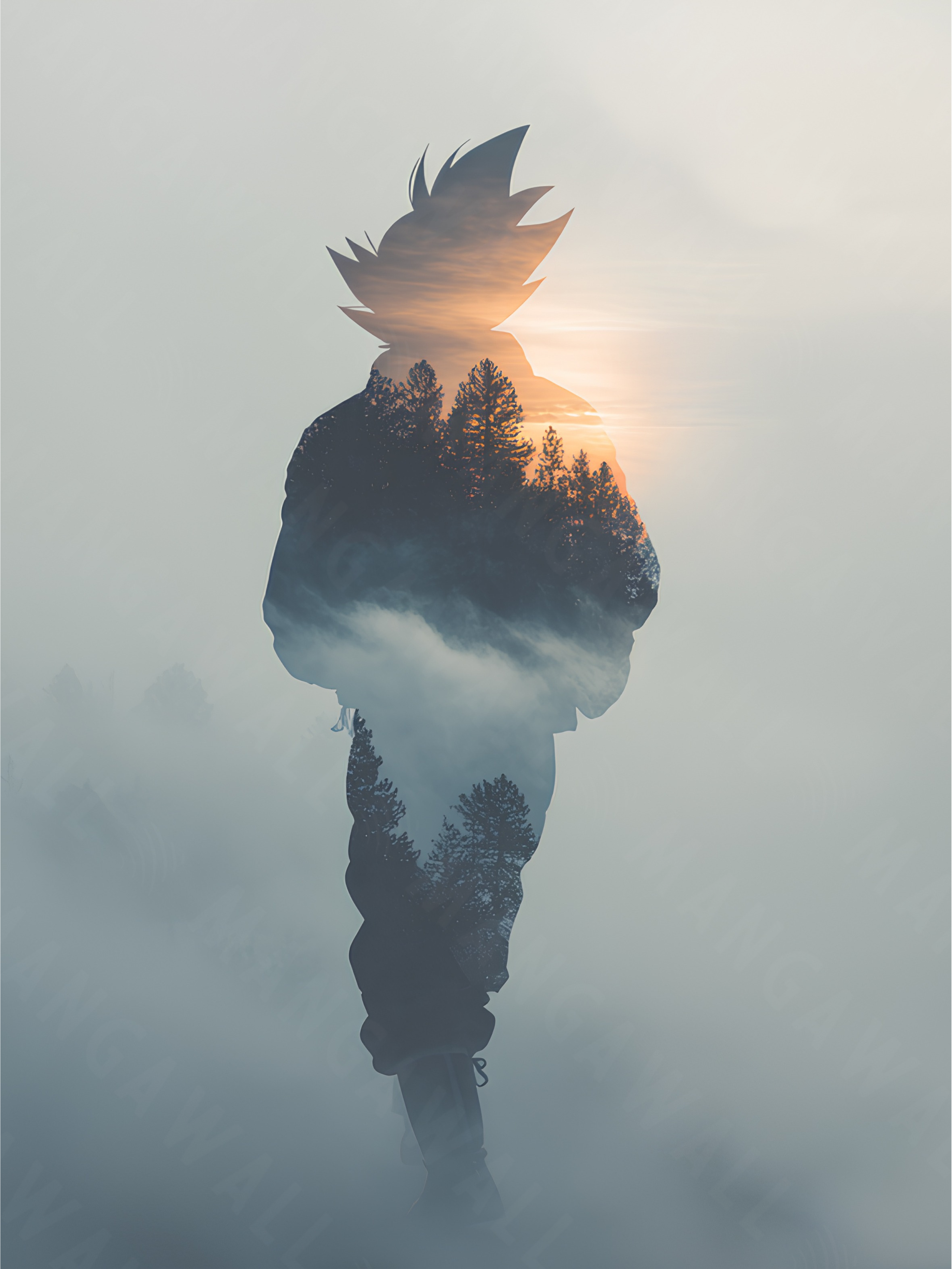 Quadro anime Equilibrio d’Ombre con sagoma di Goku di spalle, foresta visibile all’interno e sfondo bianco, stampa decorativa per fan Dragon Ball