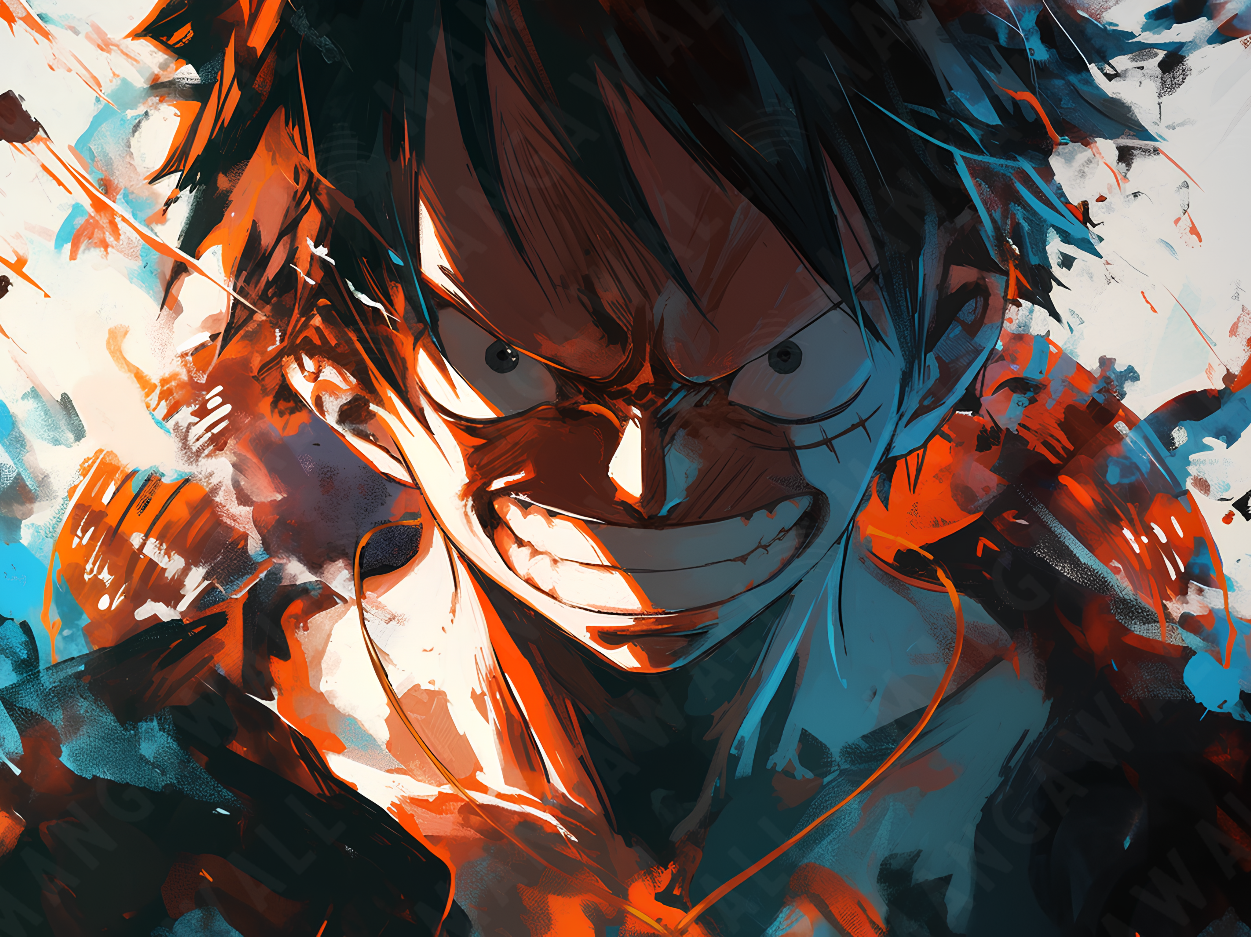 Quadro anime Haki del Re con primo piano di Luffy, sguardo di sfida con forza e potenza, pennellate nero e arancione, stampa decorativa per fan One Piece

