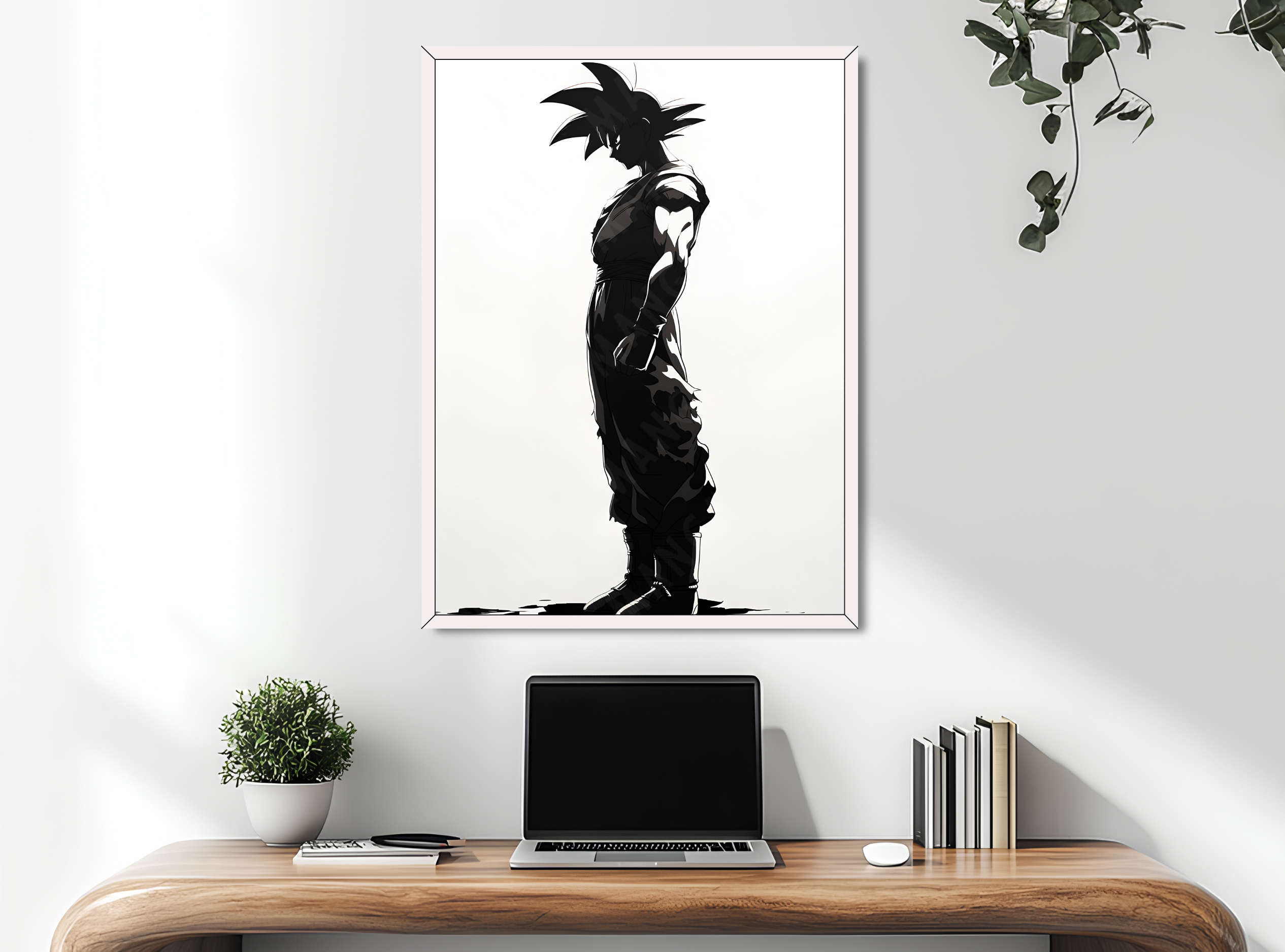 Quadro con silhouette di Goku, cornice bianca elegante, stampa su carta artigianale, collezione Potere d’Ombra a tiratura limitata