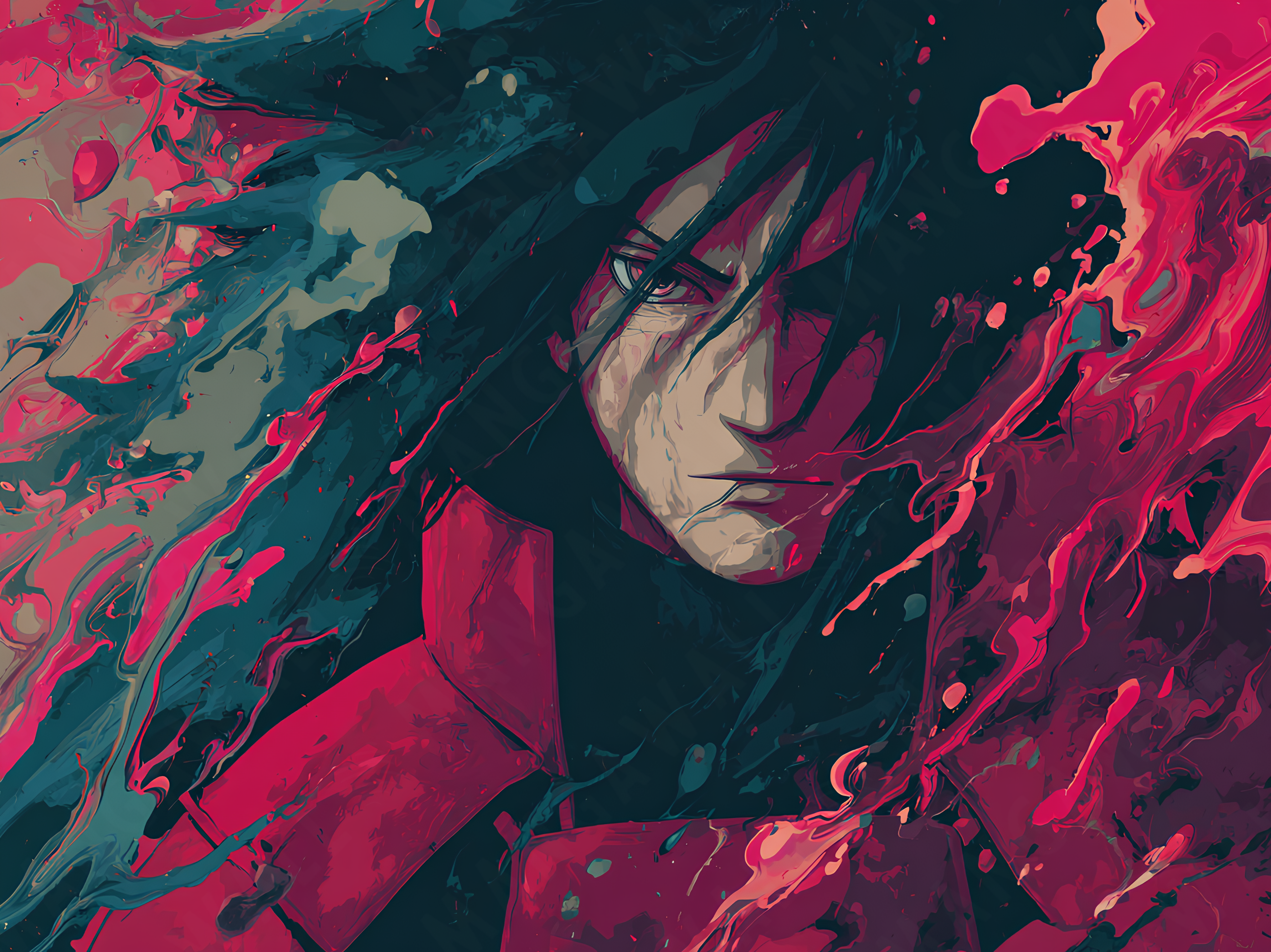 Ritratto di Madara Uchiha con Sharingan attivo, stile a tempere fluide nei toni rosso e nero, arte anime dark