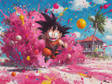 Quadro anime Goku bambino che corre felice verso lo spettatore, sfondo colorato con esplosione e Kame House, stampa decorativa per fan Dragon Ball

