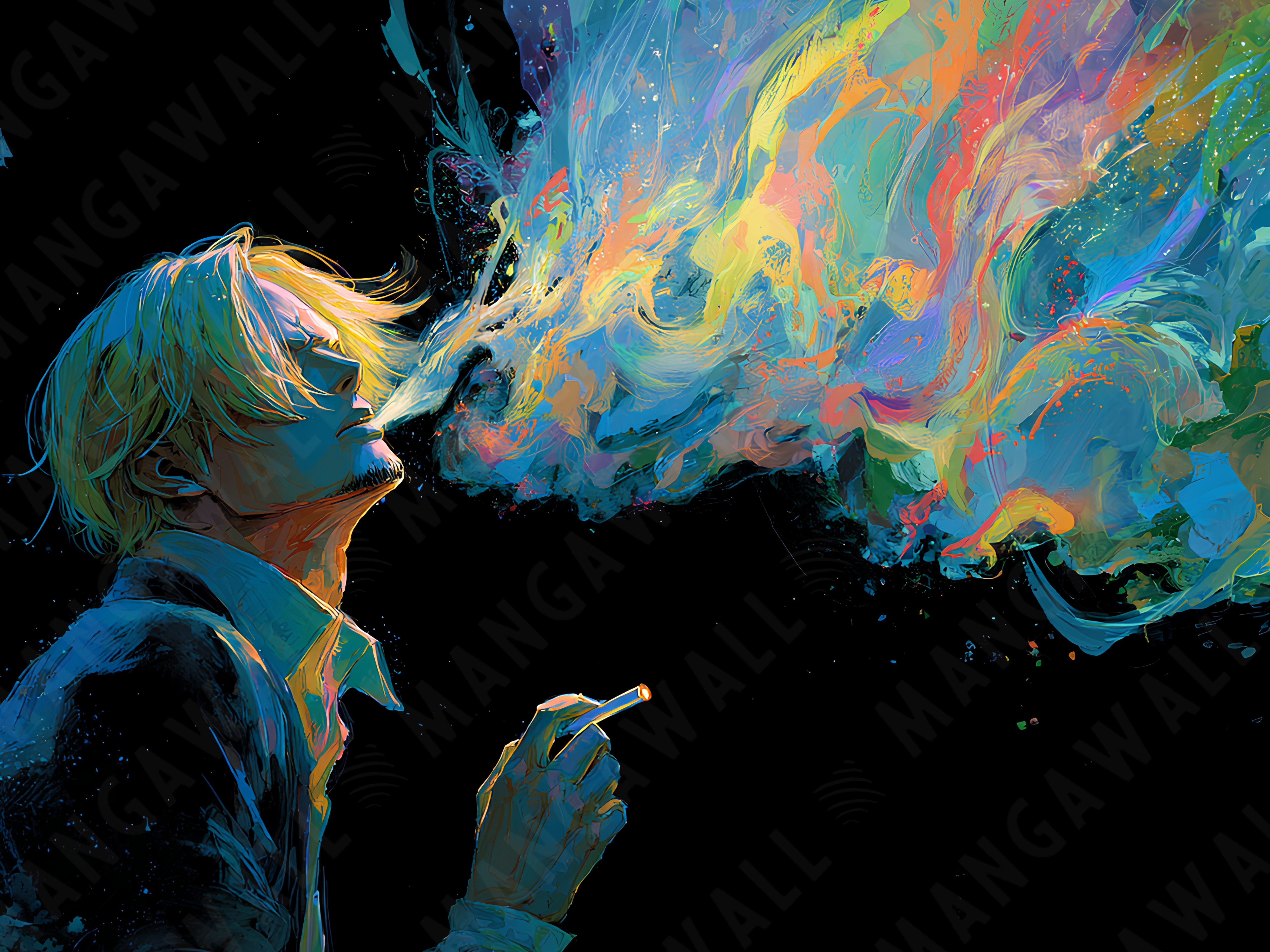 Quadro anime Soffio tra i ricordi con Sanji di profilo che fuma, esplosione di colori dal fumo su sfondo nero, stampa decorativa per fan One Piece