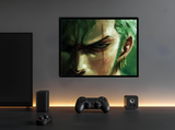 Stampa d’autore con sguardo di Zoro da One Piece, montata su legno con cornice nera, stile moderno, edizione limitata della serie Eyes