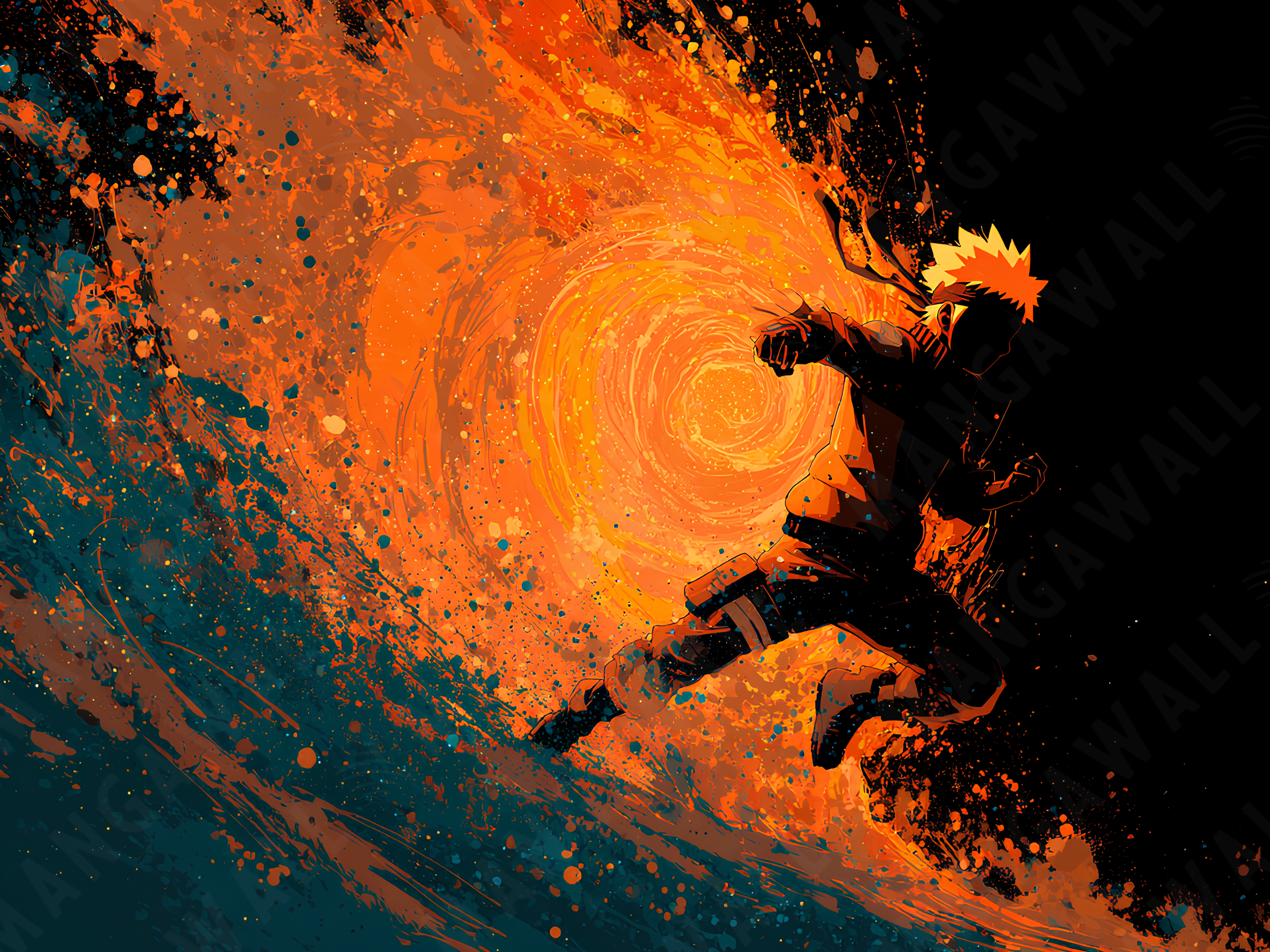 Poster Naruto che salta in attacco con esplosione di chakra arancione, arte minimal in nero e arancione