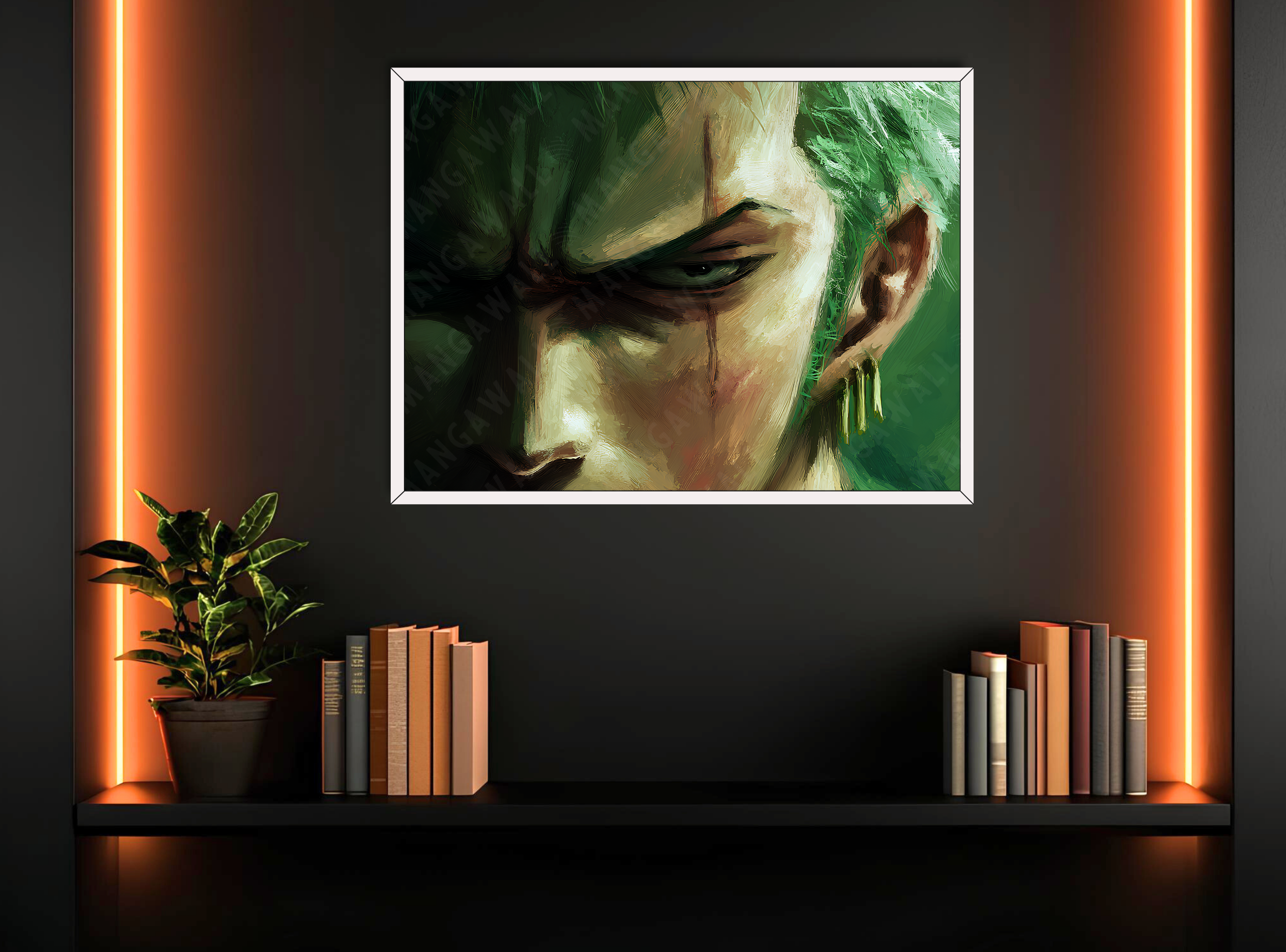 Quadro artistico con sguardo di Roronoa Zoro, cornice bianca elegante, stampa su carta artigianale montata su legno, collezione Eyes numerata