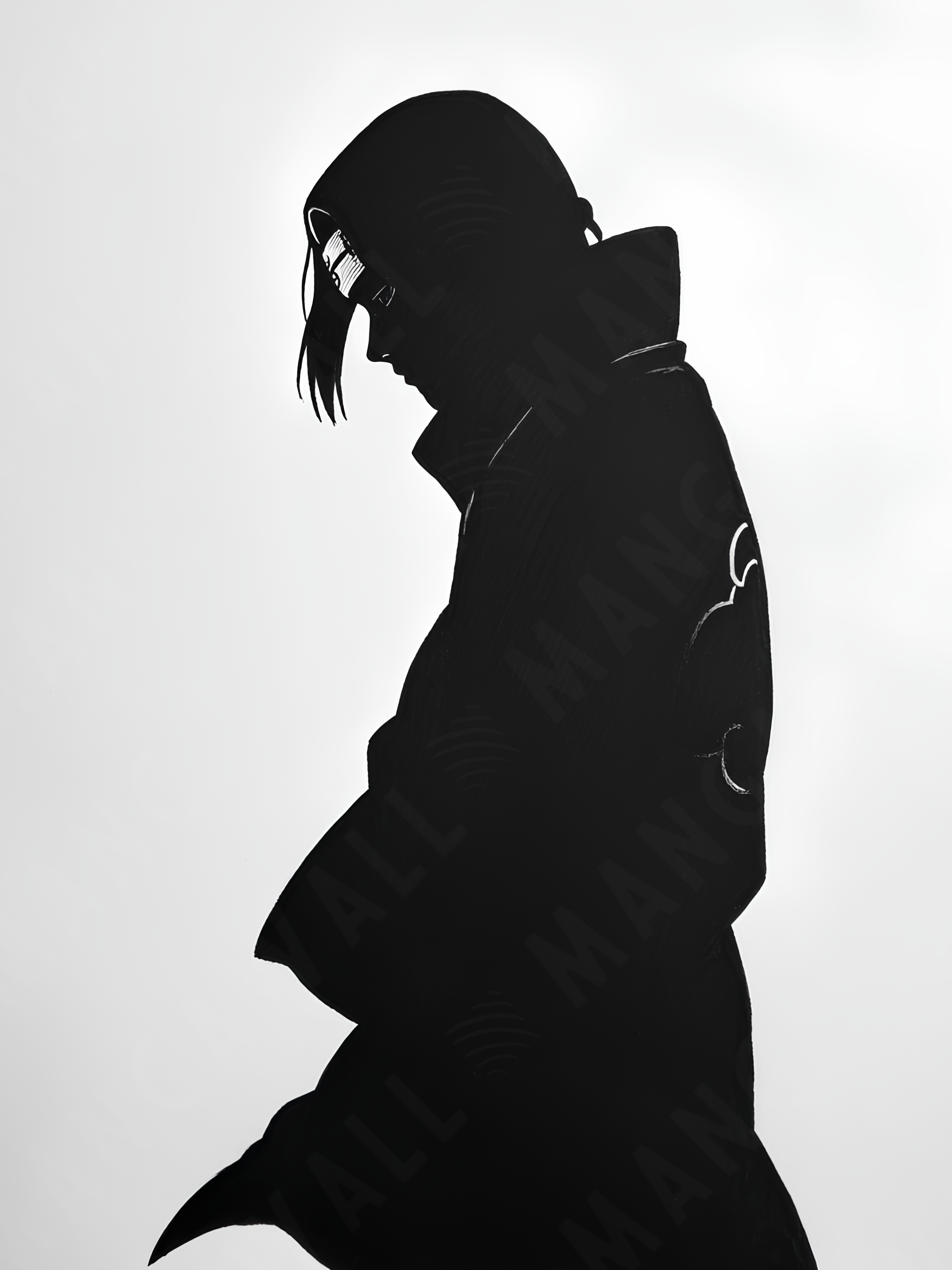 Stampa artistica della silhouette di Itachi Uchiha da Naruto, su carta artigianale montata su legno, edizione limitata numerata con frase poetica scritta a mano sul retro