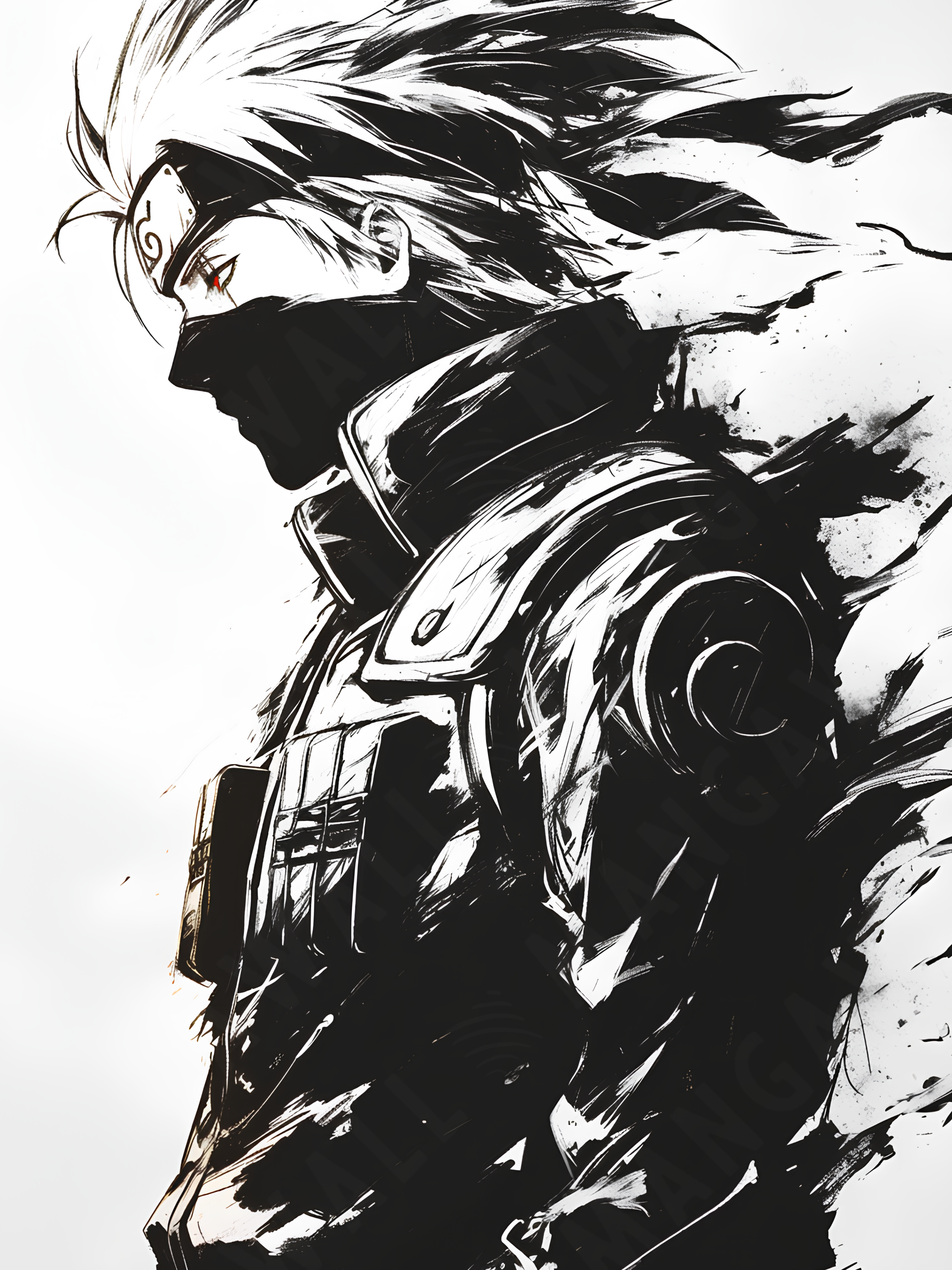 Stampa artistica della silhouette di Kakashi Hatake da Naruto, su carta artigianale montata su legno, edizione limitata numerata con frase poetica scritta a mano sul retro