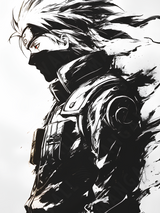 Stampa artistica della silhouette di Kakashi Hatake da Naruto, su carta artigianale montata su legno, edizione limitata numerata con frase poetica scritta a mano sul retro