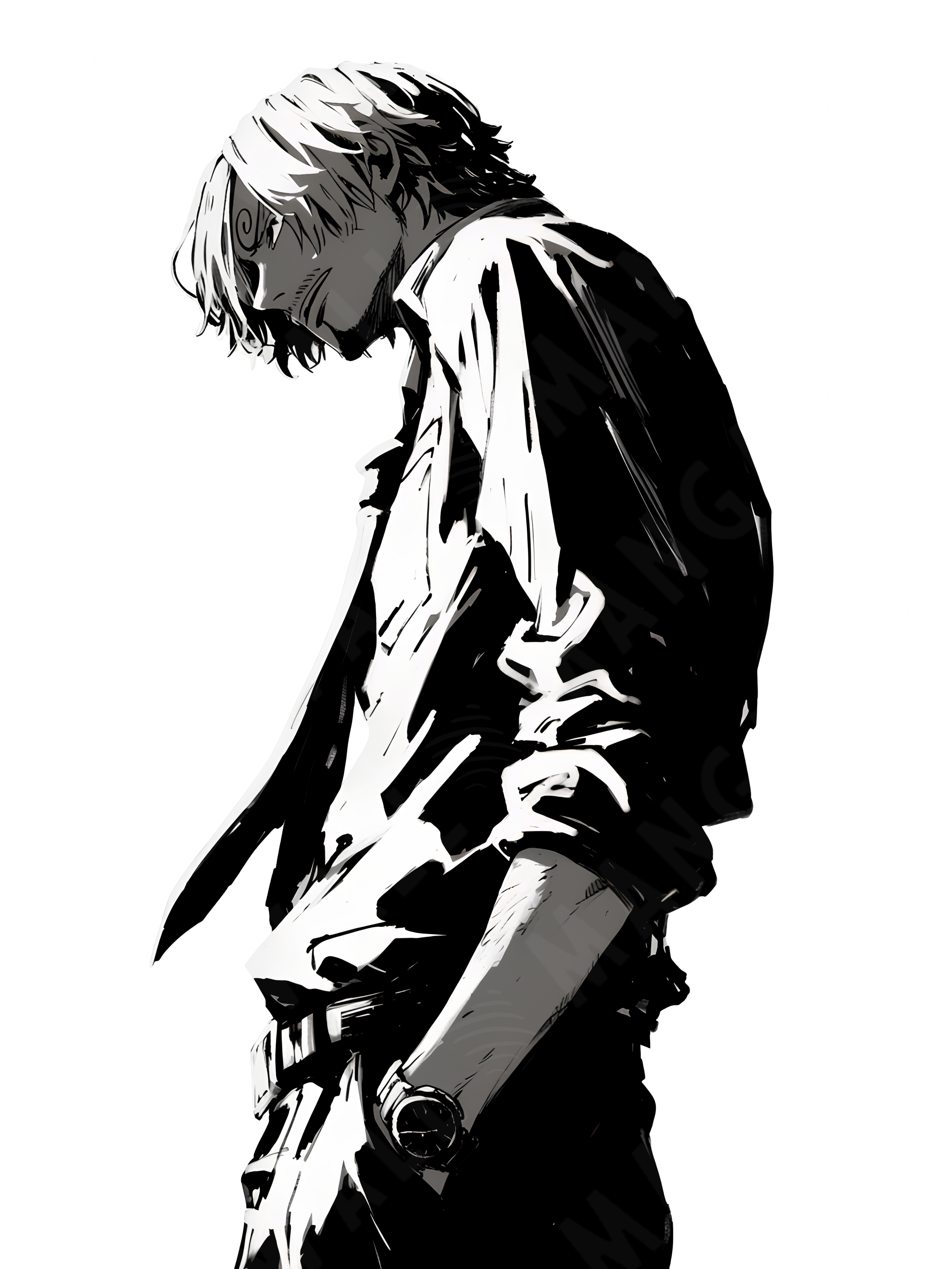 Stampa artistica della silhouette di Sanji da One Piece, su carta artigianale montata su legno, edizione limitata numerata con frase poetica scritta a mano sul retro