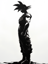 Stampa artistica della silhouette di Goku da Dragon Ball, su carta artigianale montata su legno, edizione limitata numerata con frase poetica scritta a mano sul retro