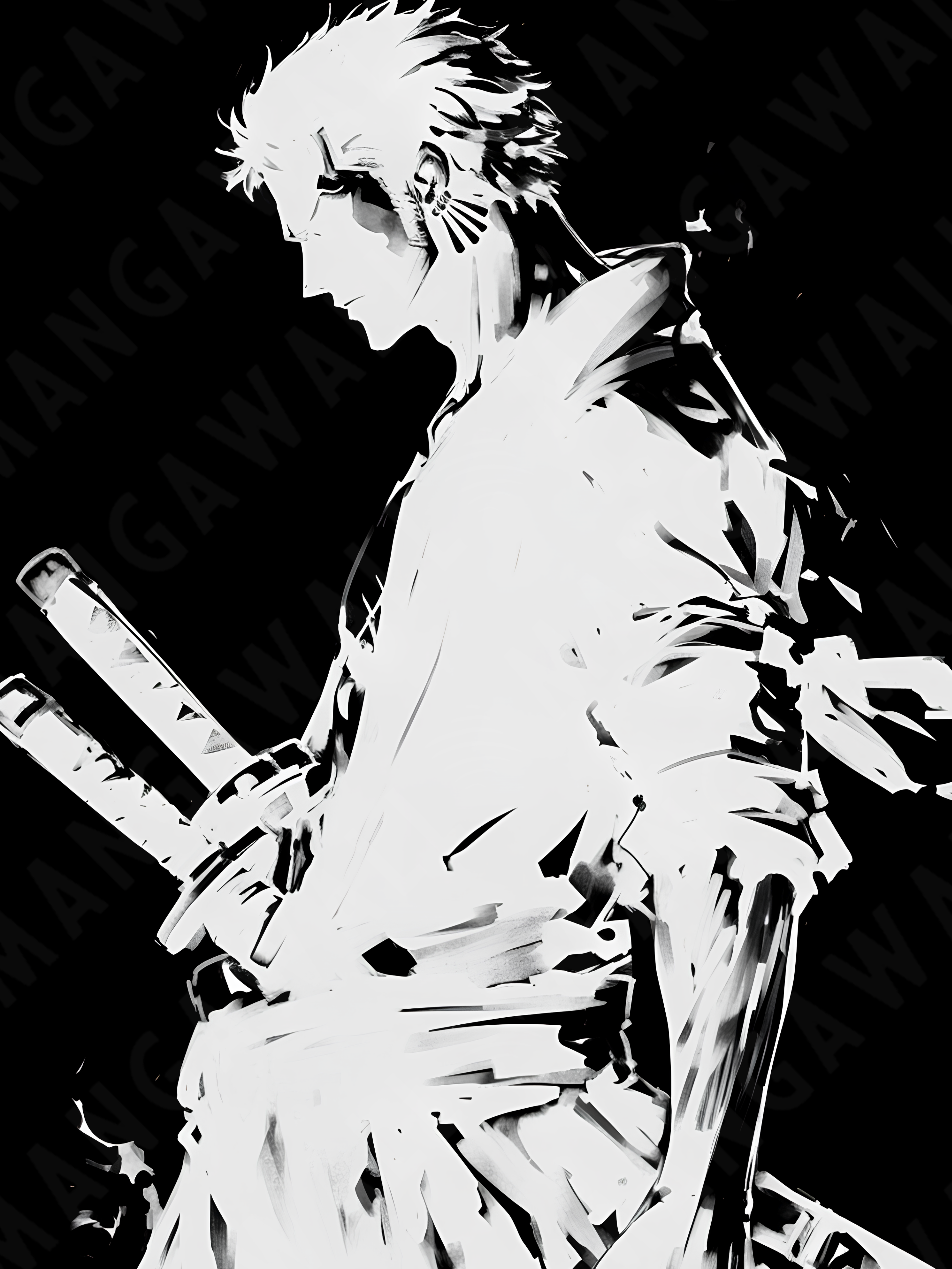 Stampa artistica della silhouette di Roronoa Zoro da One Piece, su carta artigianale montata su legno, edizione limitata numerata con frase poetica scritta a mano sul retro