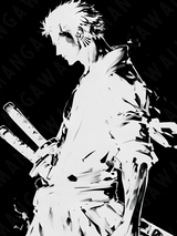 Stampa artistica della silhouette di Roronoa Zoro da One Piece, su carta artigianale montata su legno, edizione limitata numerata con frase poetica scritta a mano sul retro