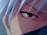 Stampa artistica dello sguardo di Kakashi Hatake da Naruto, su carta artigianale montata su legno, edizione limitata numerata con frase poetica scritta a mano sul retro