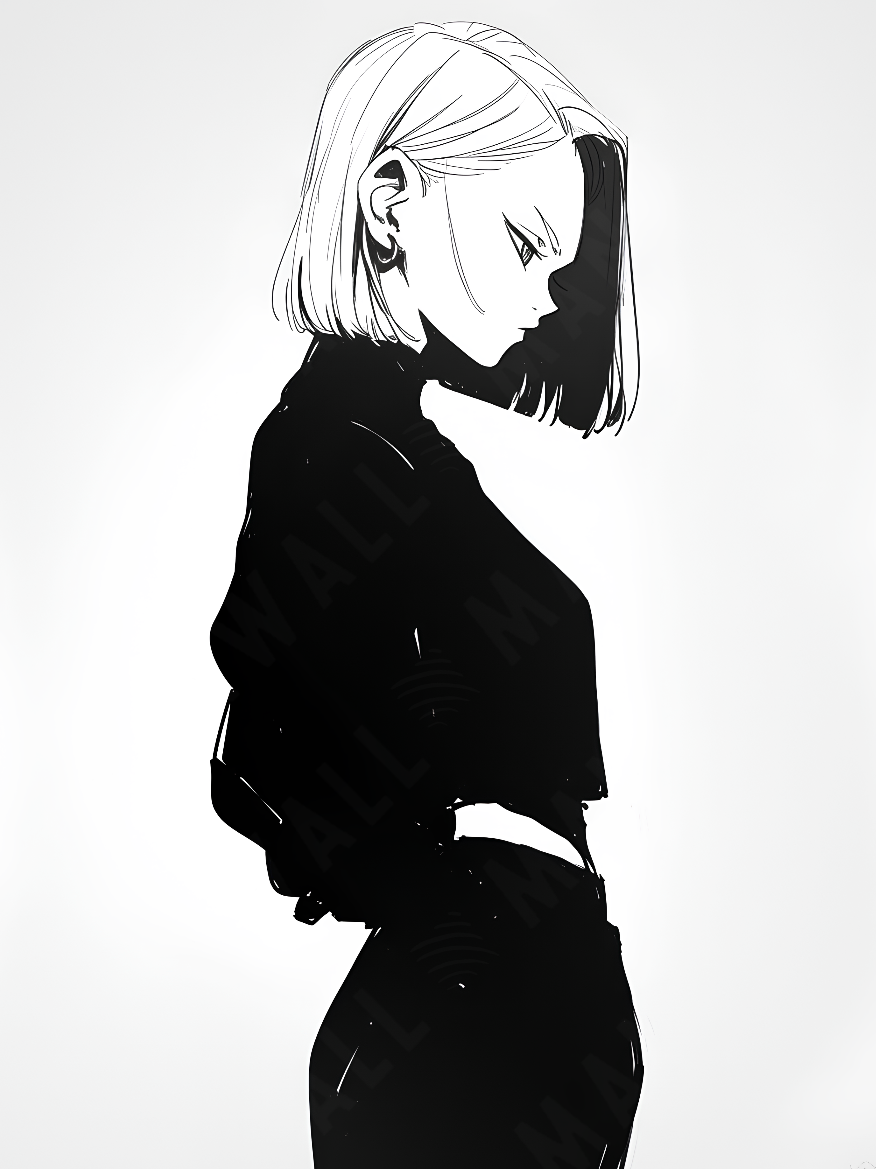 Stampa artistica della silhouette di Android 18 da Dragon Ball, su carta artigianale montata su legno, edizione limitata numerata con frase poetica scritta a mano sul retro