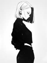 Stampa artistica della silhouette di Android 18 da Dragon Ball, su carta artigianale montata su legno, edizione limitata numerata con frase poetica scritta a mano sul retro