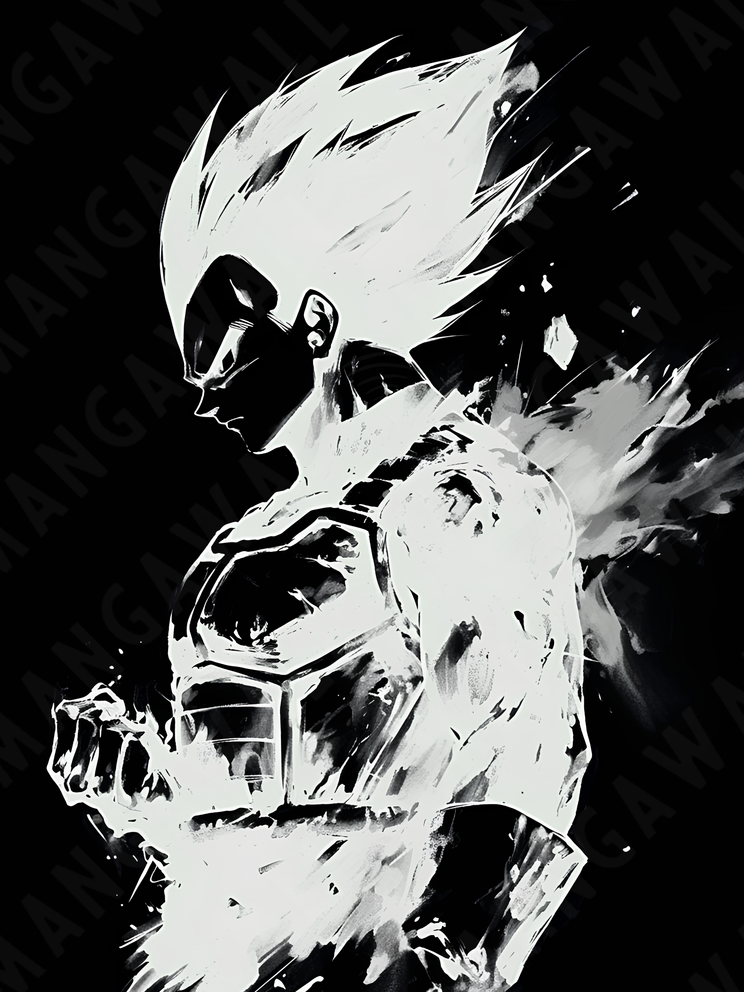 Stampa artistica della silhouette di Vegeta da Dragon Ball, su carta artigianale montata su legno, edizione limitata numerata con frase poetica scritta a mano sul retro
