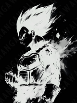 Stampa artistica della silhouette di Vegeta da Dragon Ball, su carta artigianale montata su legno, edizione limitata numerata con frase poetica scritta a mano sul retro