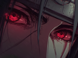 Stampa artistica dello sguardo di Itachi Uchiha da Naruto, su carta artigianale fatta a mano, montata su legno, edizione limitata numerata con frase poetica scritta a mano sul retro