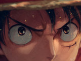 Stampa artistica dello sguardo di Monkey D. Luffy da One Piece, su carta artigianale fatta a mano, montata su legno, edizione limitata numerata con frase poetica scritta a mano sul retro